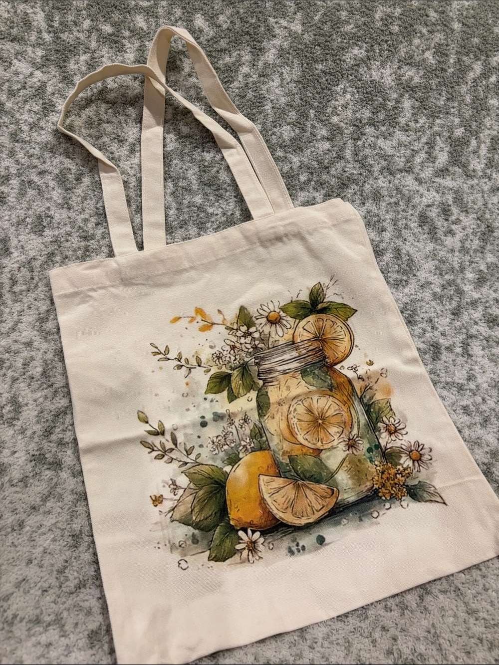 Lemonade Mason Jar Floral Botanical Cotton Canvas Tote Bag NWT 13.75x15.25”